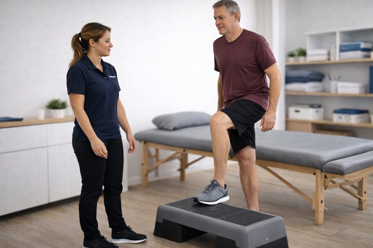Meniscus surgery or physiotherapy step-up rehab showing confident knee function
