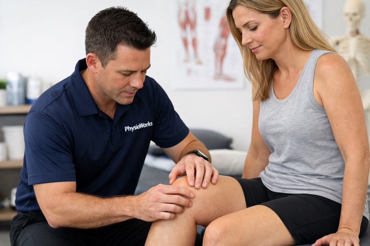 Physiotherapist palpating the medial knee joint line during a meniscus assessment