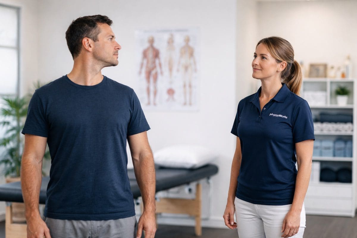 Neck pain physiotherapy assessment observing cervical movement and posture in clinic