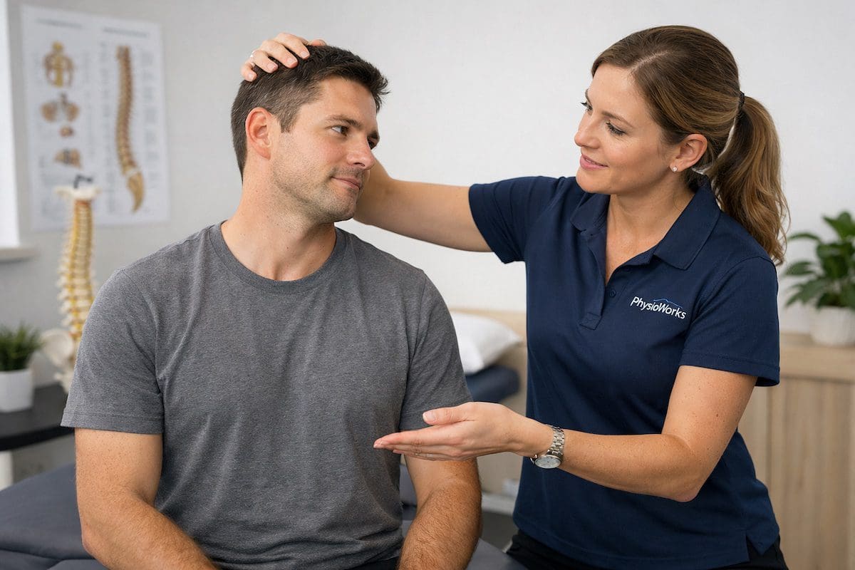 neck-pain-physiotherapy-assessment-cervical-spine Physiotherapist assessing neck pain with cervical spine palpation and movement testing in clinic