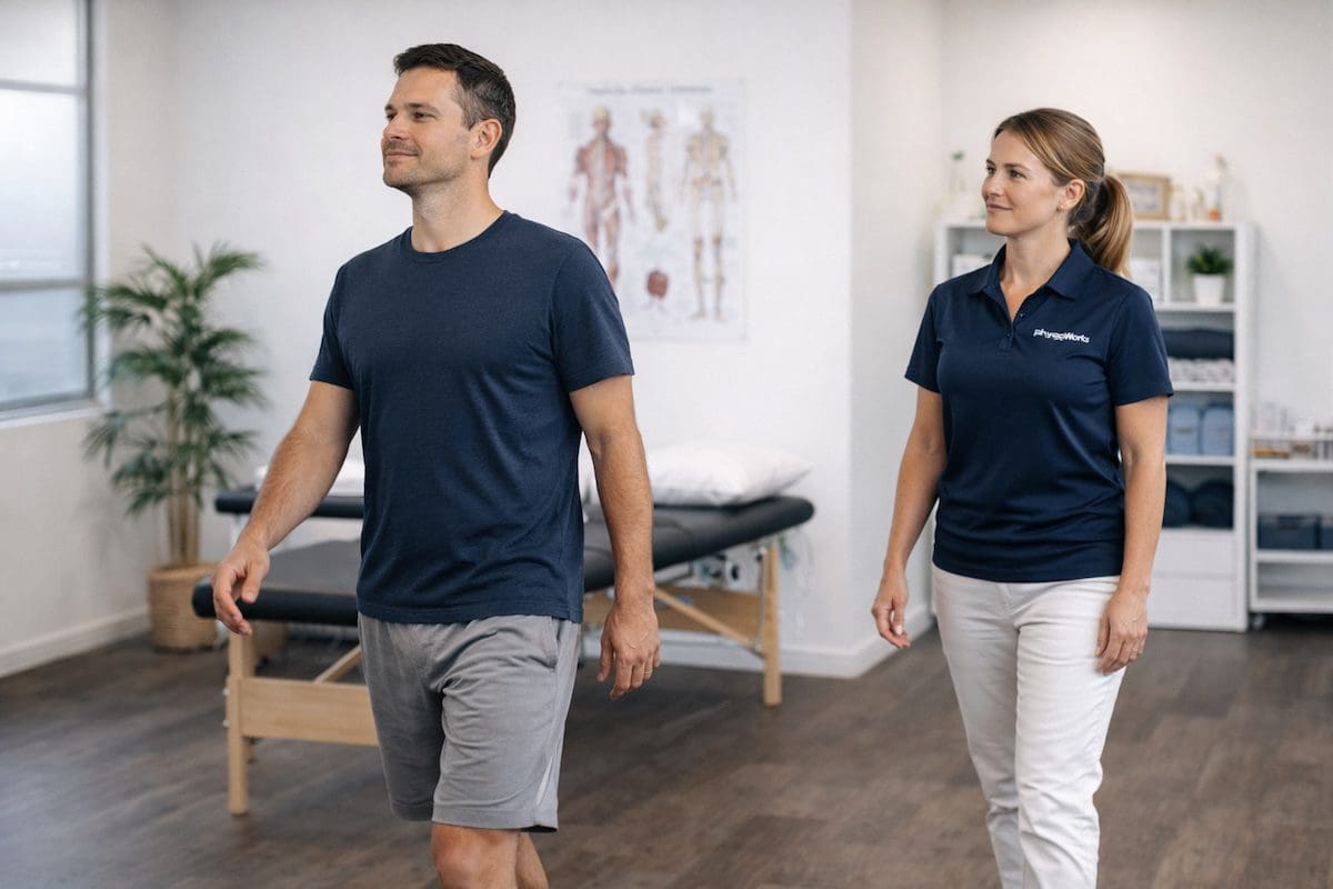 Neck pain recovery with normal movement and relaxed posture in physiotherapy clinic