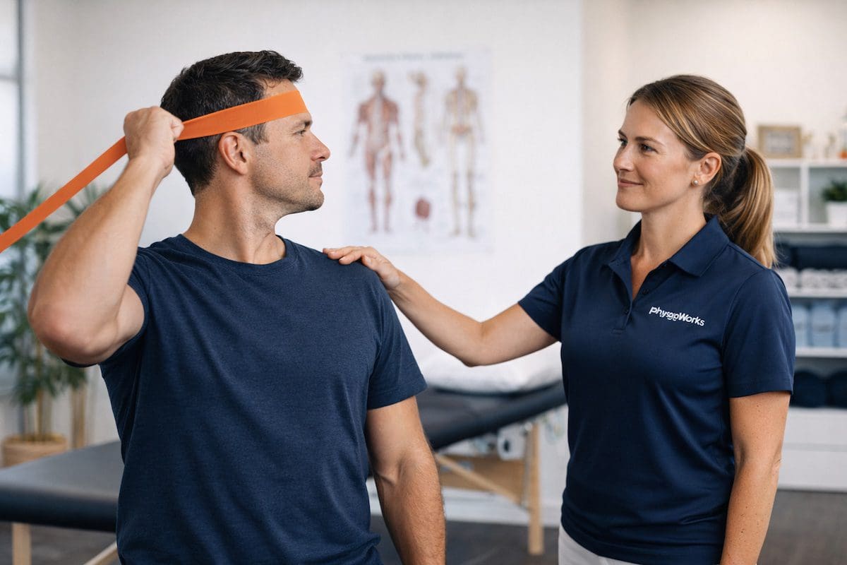 Neck physiotherapy exercise with guided cervical movement and posture control