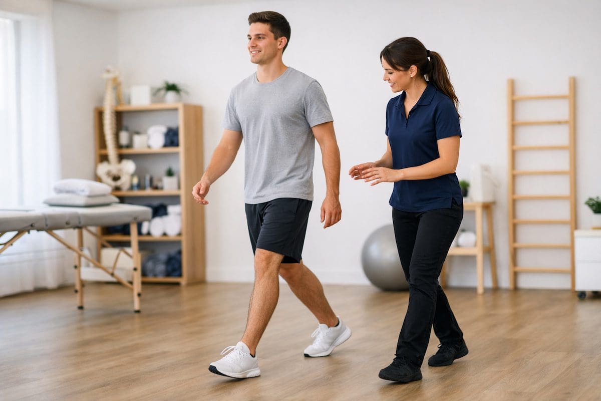 Patient walking comfortably with physiotherapist guidance during recovery session