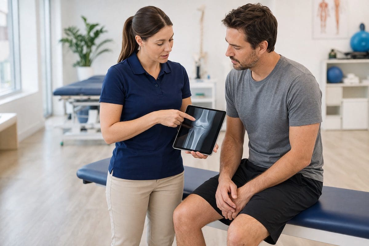physiotherapist-explaining-fracture-xray Physiotherapist explaining fracture using X-ray to patient in clinic