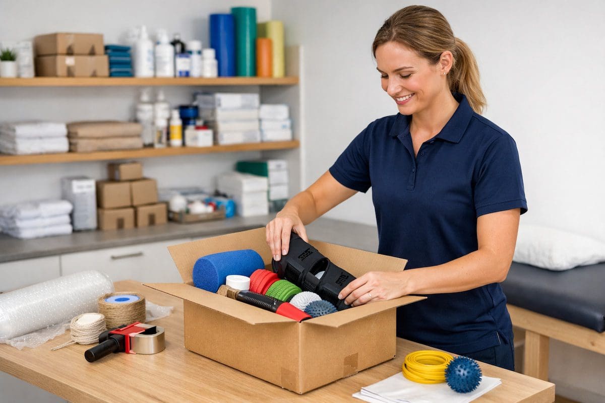 physiotherapy-equipment-delivery-dispatch-clinic-packaging delivery charges and dispatch physiotherapy equipment being packed for shipping in clinic