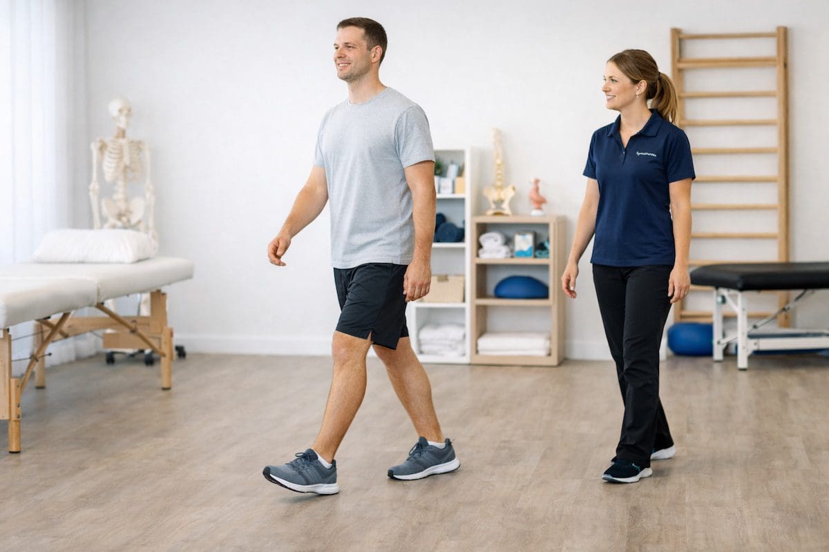 physioworks-physiotherapy-brisbane-recovery-outcome physiotherapy Brisbane recovery walking confidently with physiotherapist in clinic
