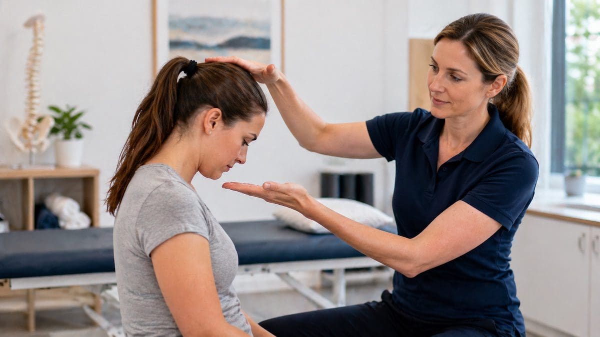 physiotherapist demonstrating correct pillow height and neck alignment