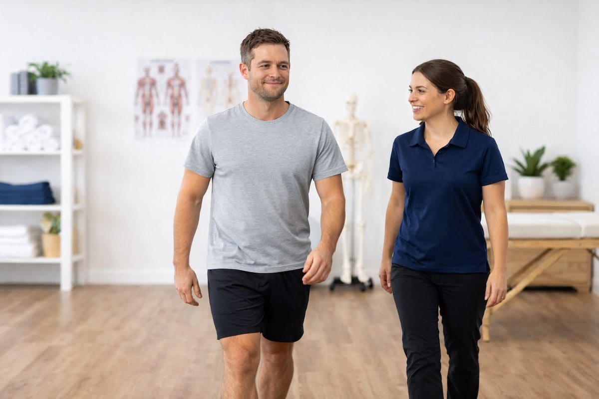 Confident walking after post-exercise muscle soreness recovery in physiotherapy clinic