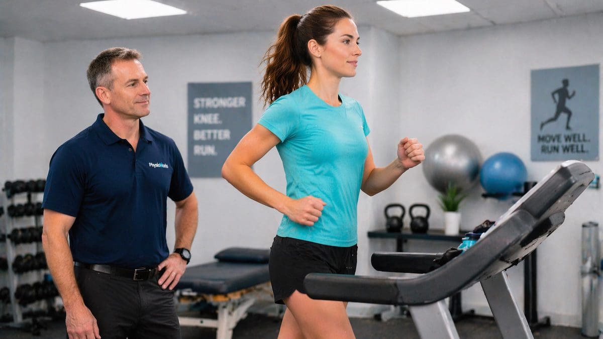 Runner’s knee recovery with physiotherapist guiding pain-free treadmill walk-run progression for patellofemoral pain