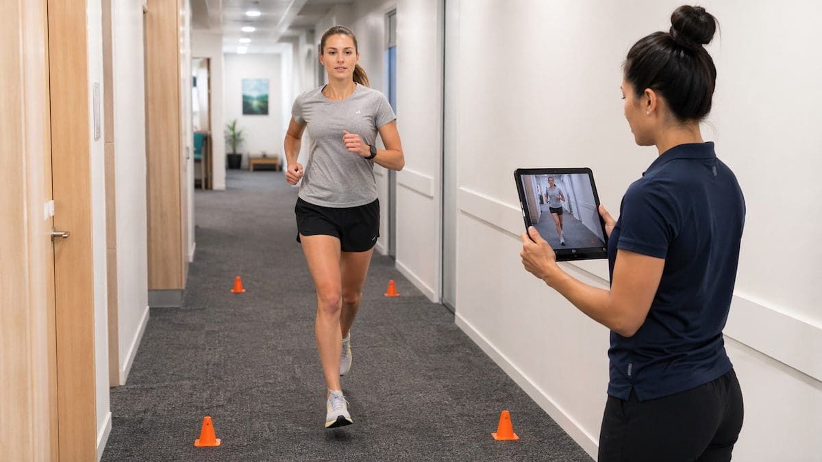 Running analysis hallway gait assessment reviewing cadence and lower limb control