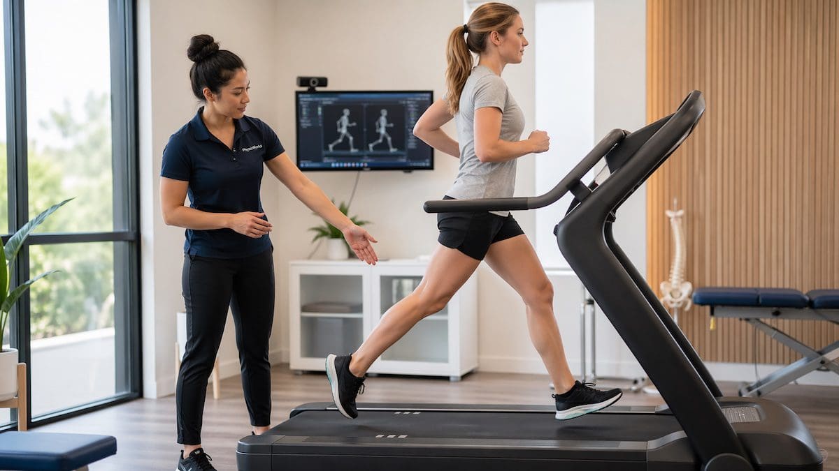 running-efficiency-treadmill-overstride-assessment Running efficiency treadmill assessment checking foot strike position and overstriding