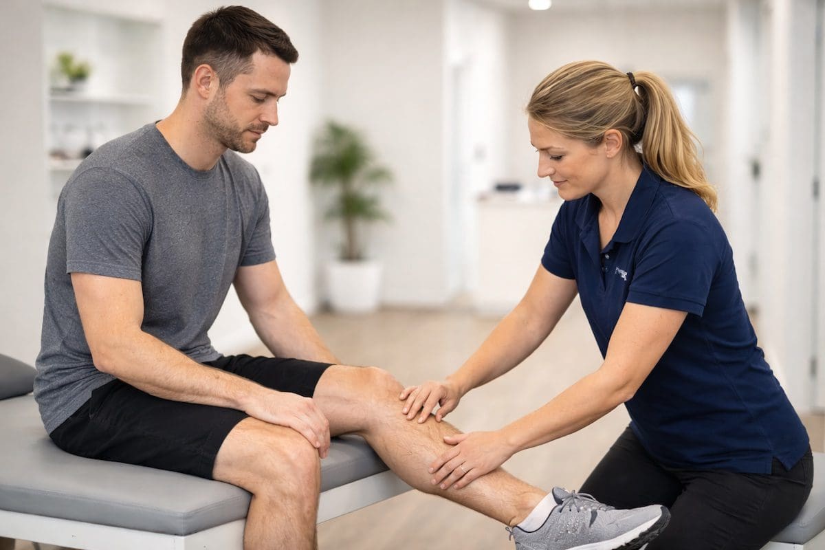 shin-pain-physiotherapy-tibia-palpation-assessment Physiotherapist palpating mid tibia to assess shin pain and tibial stress injury