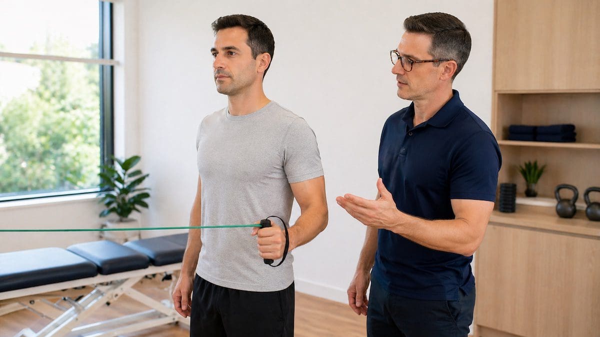 shoulder-pain-physiotherapy-exercise-band. Shoulder pain physiotherapy strengthening exercise with resistance band