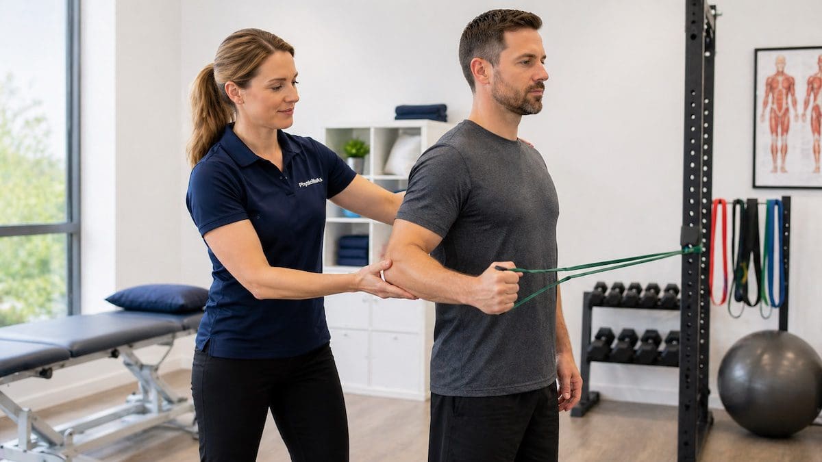 physiotherapist guiding rotator cuff rehab after shoulder cortisone injection