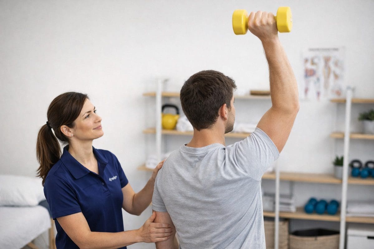Physiotherapist supervising overhead dumbbell shoulder exercise to improve strength and control