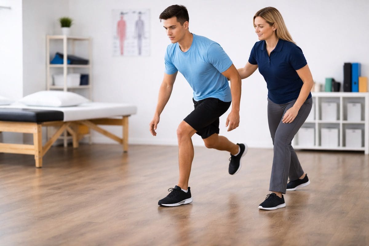 Ankle pain balance exercise with physiotherapist checking lower limb control