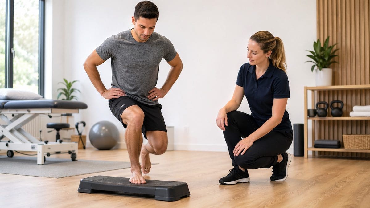 Physiotherapist assessing an athlete’s knee and ankle control during movement screening