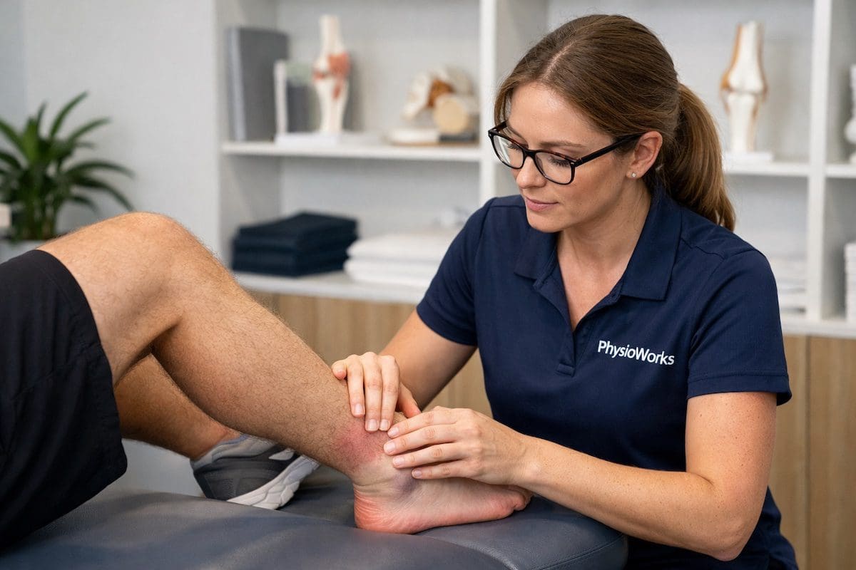 physiotherapist assessing sprained ankle ligaments to guide rehabilitation and recovery