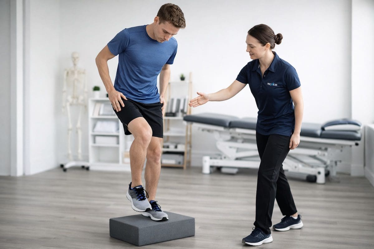 Physiotherapist guiding step-up exercise for lower limb strength and rehabilitation in clinic