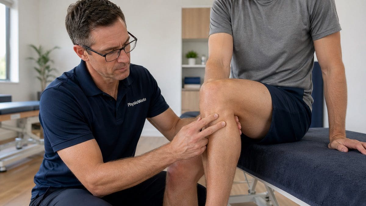 physiotherapist assessing superior tibiofibular joint at outer knee fibular head
