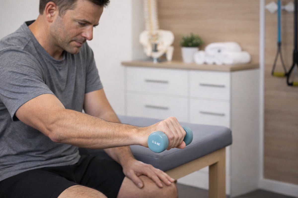 Tennis elbow wrist extension exercise with forearm supported on table and dumbbell