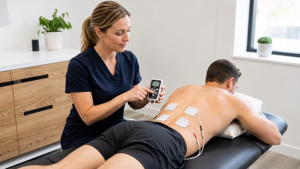 TENS machine setup with electrode pads positioned around the lower back