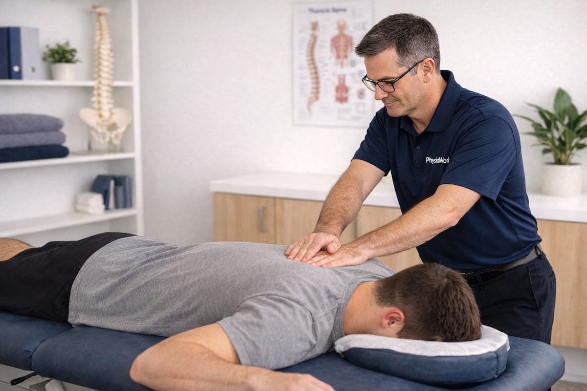 thoracic-spine-mobilisation-physiotherapy-upper-back-treatment Thoracic spine mobilisation physiotherapy targeting upper back with prone patient treatment