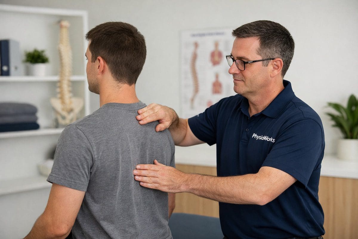 Physiotherapist assessing thoracic pain and upper back posture in clinic
