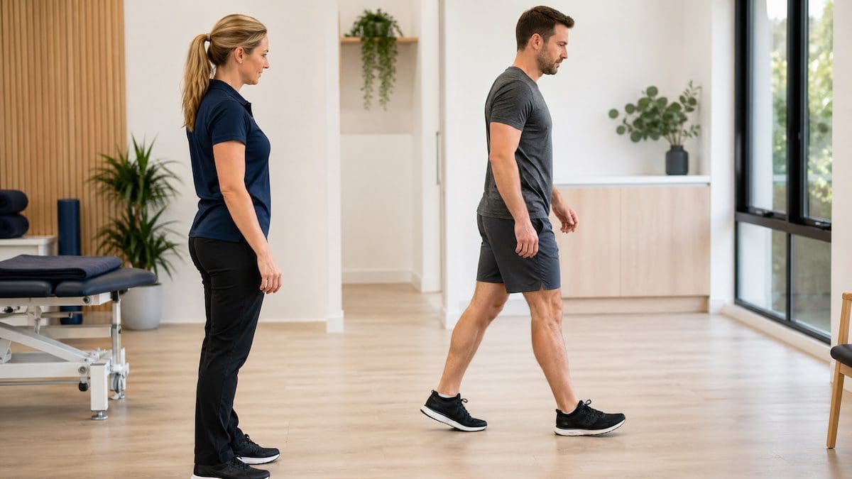 physiotherapist assessing walking safety with torn knee ligament injury