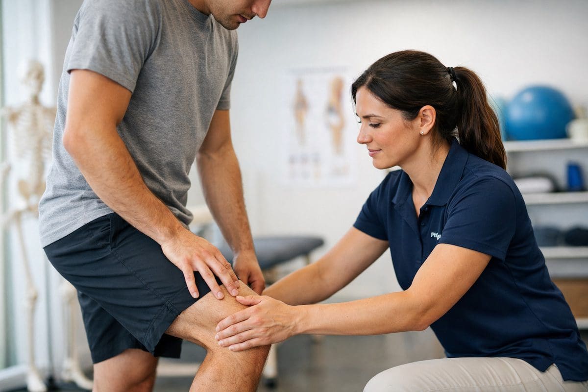 Twisting knee injury assessment with physiotherapist evaluating knee alignment in clinic