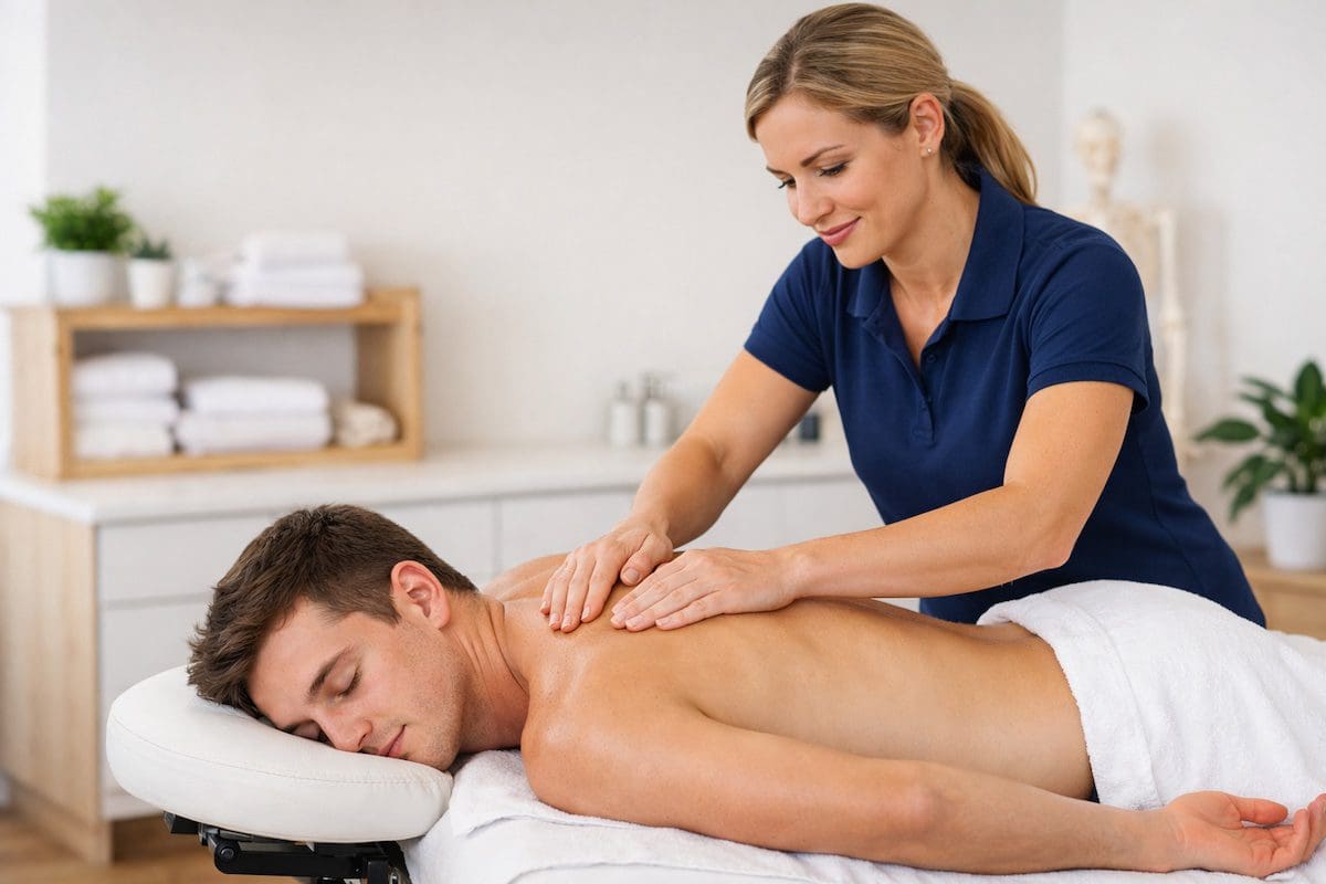 physiotherapist performing upper back massage on patient lying prone in clinic