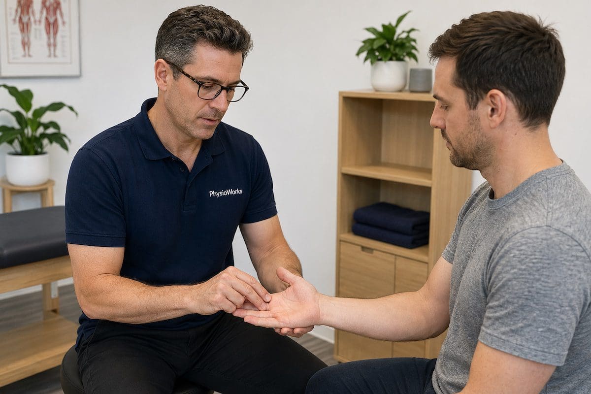 what-causes-pins-and-needles-nerve-assessment physiotherapist assessing hand tingling and pins and needles nerve symptoms