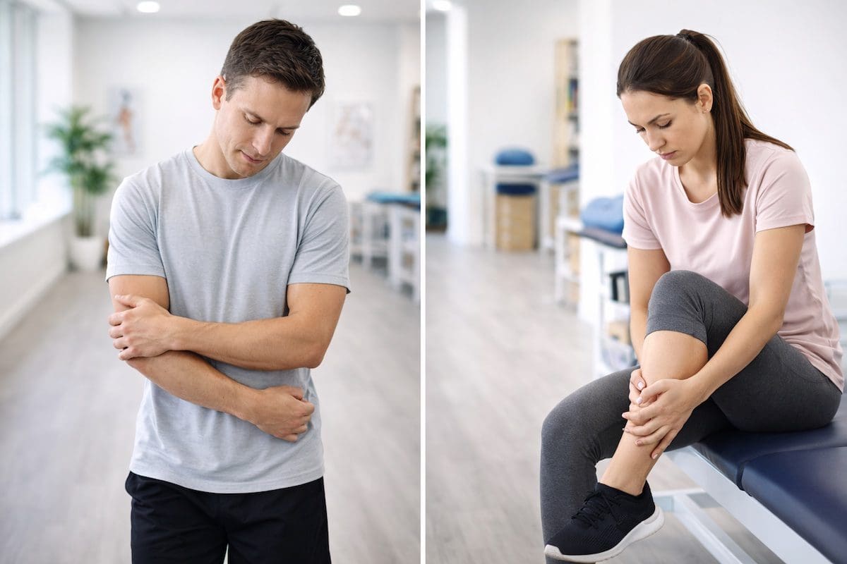 young-adult-limb-pain-injury-clinic Young adult holding lower leg with mild pain after injury in physiotherapy clinic