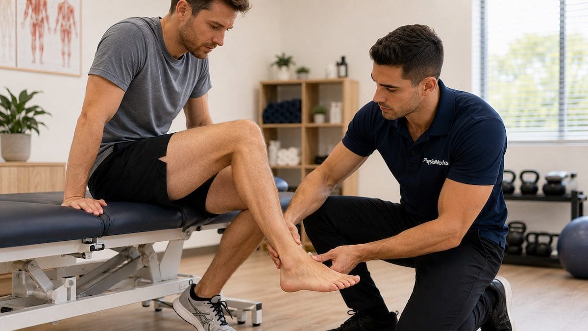 Physiotherapist assessing Achilles tendon pain during Achilles tendinopathy examination