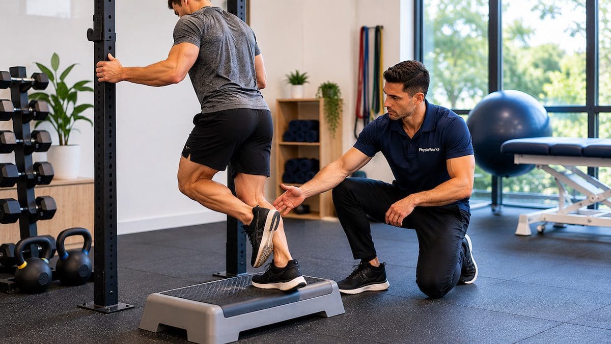 Single-leg calf raise exercise for Achilles tendinopathy rehabilitation