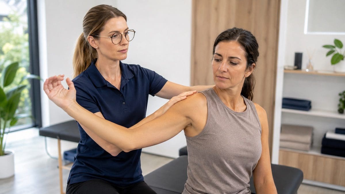 physiotherapist assessing arm pain through shoulder and upper arm movement