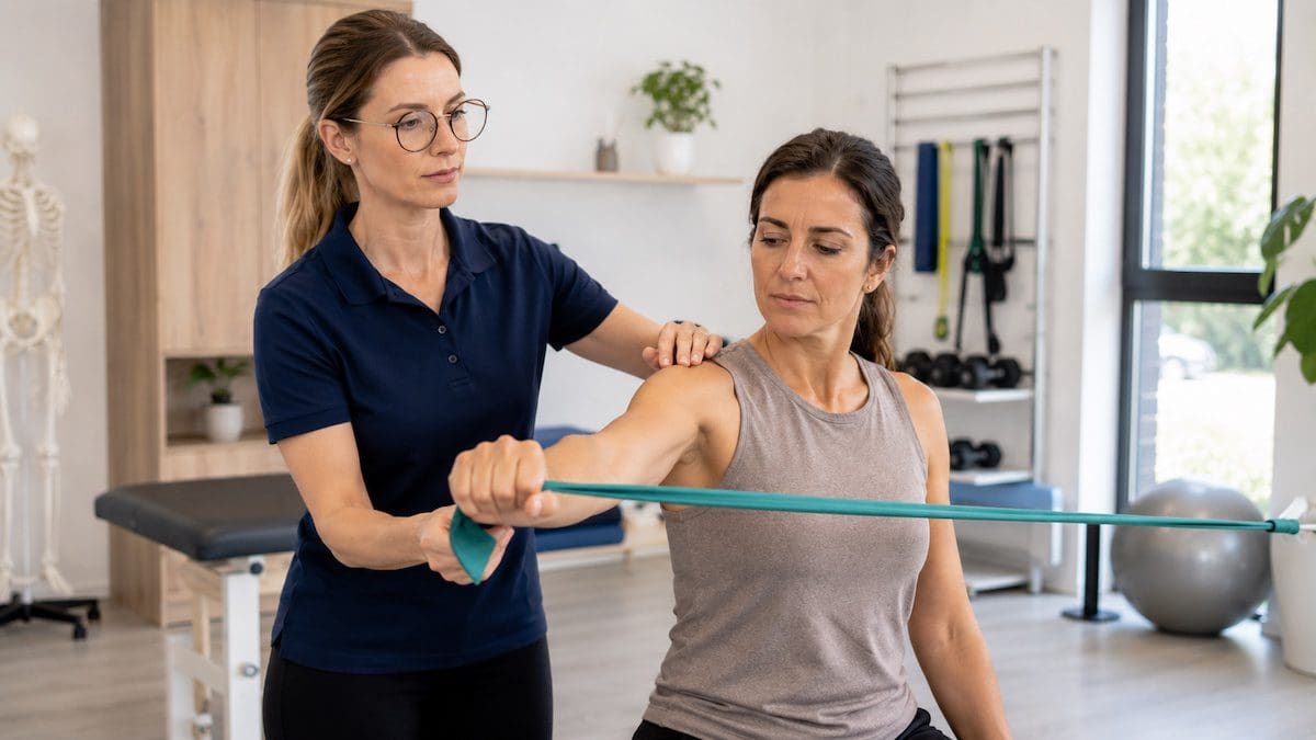 physiotherapist guiding resistance band exercise for arm pain rehabilitation