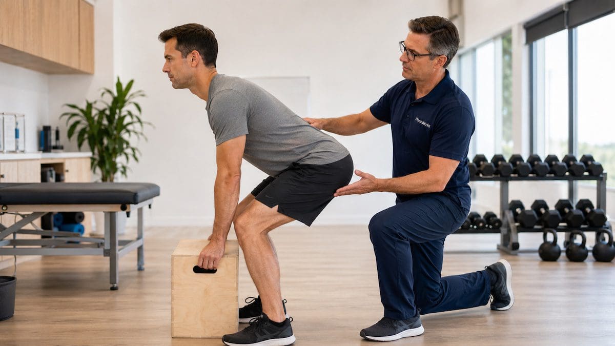 Safe lifting technique for back pain using hip hinge in physiotherapy clinic