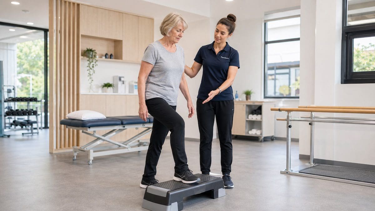 Balance training physiotherapy assessing lower-limb stepping control for falls prevention.