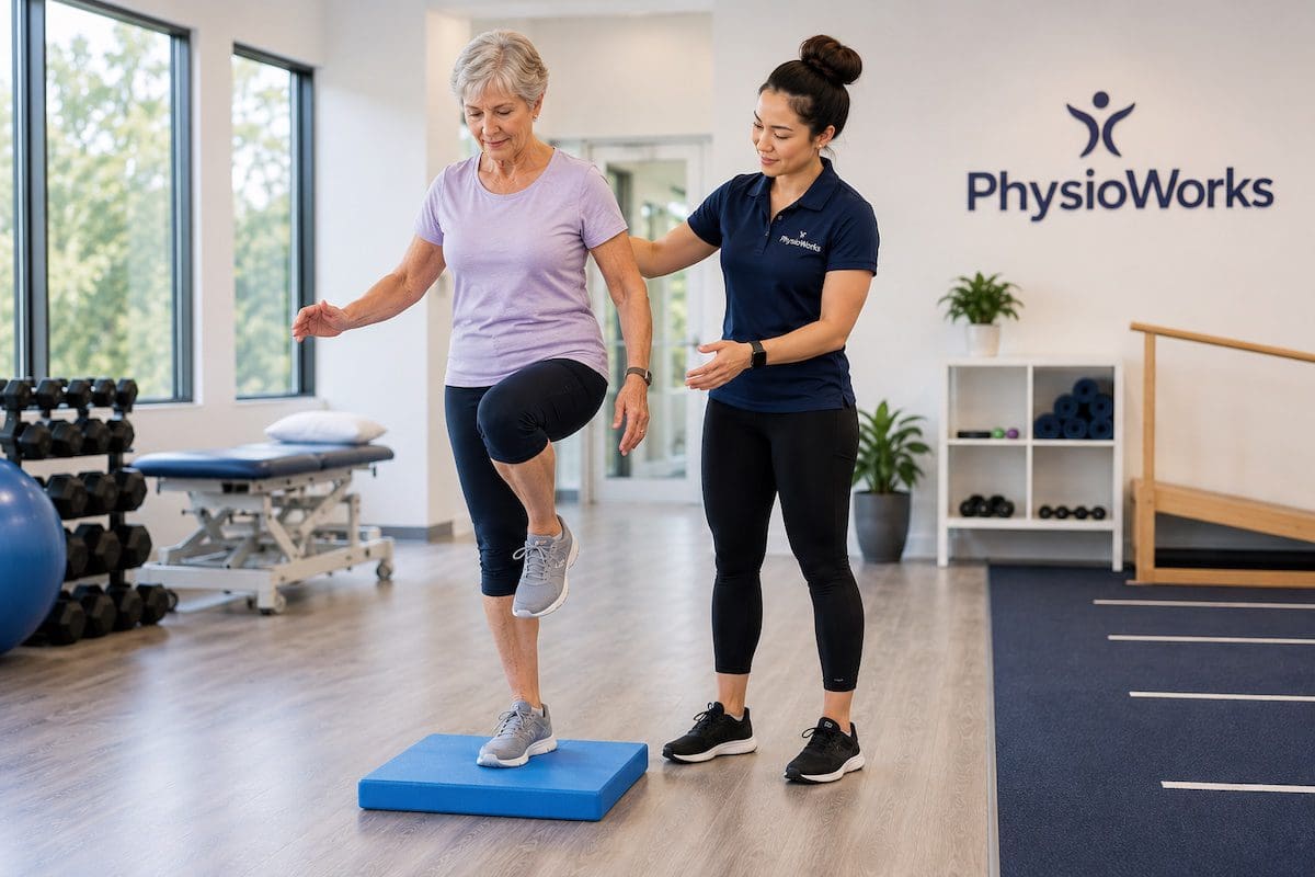Physiotherapist guiding balance training single-leg stability exercise in clinic
