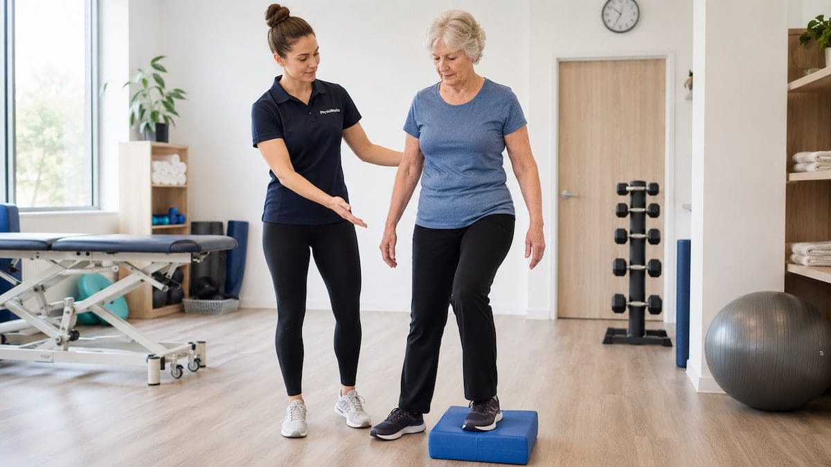 Balance training proprioception exercise showing ankle knee hip and trunk control.