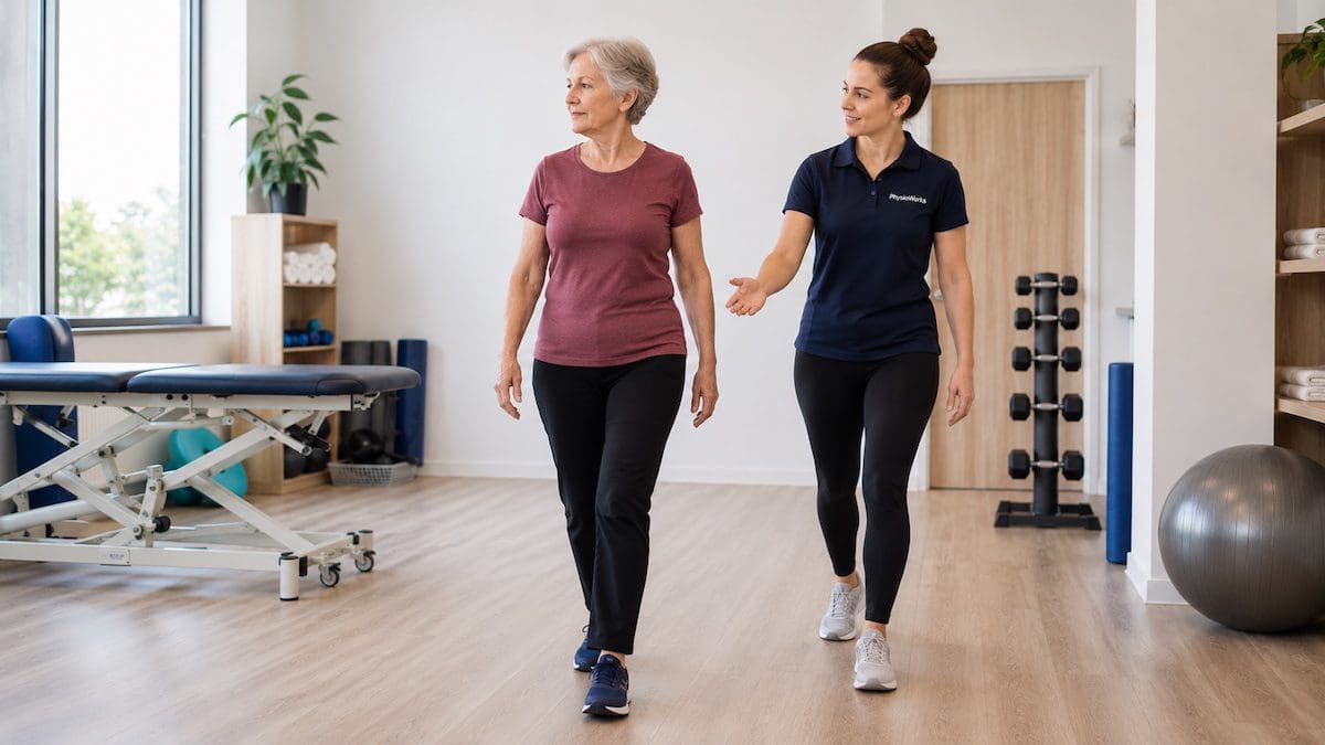 Balance training showing walking control with head turns for falls prevention.