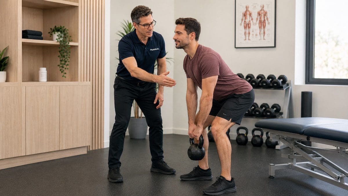 Bulging disc lumbar spine hip hinge rehabilitation with physiotherapist coaching