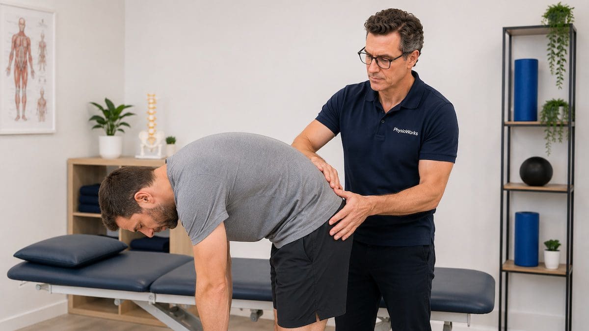 Bulging disc physiotherapy lumbar spine flexion movement assessment in clinic