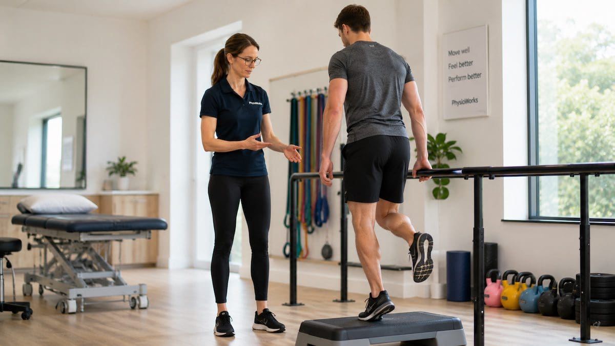 calf-strain-rehabilitation-exercises-brisbane Single-leg calf strengthening exercise during physiotherapy rehabilitation