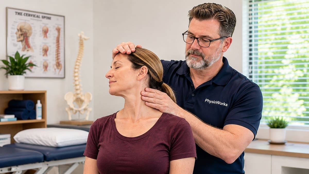 Physiotherapist guiding controlled upper cervical movement during neck rehabilitation