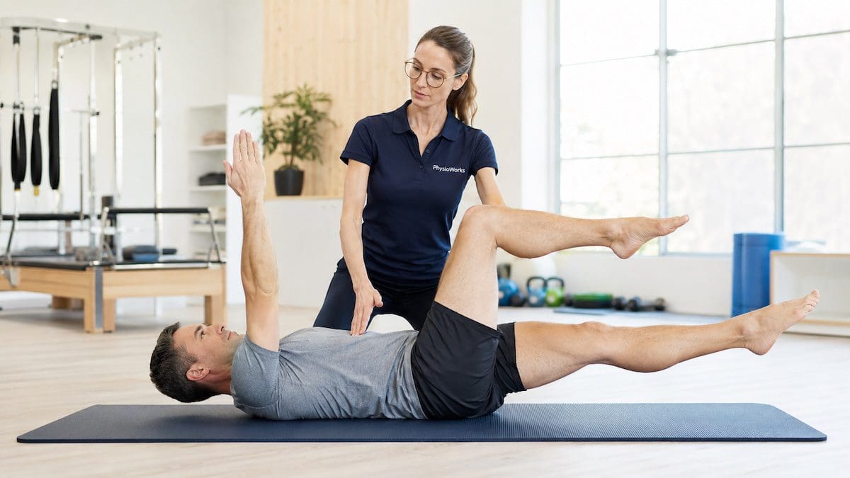 Core stability exercises guiding lumbar spine control during supervised dead bug retraining