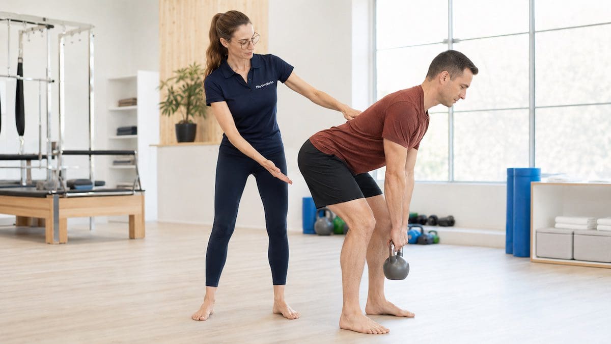 Core stability exercises coaching lumbar spine control during light hip hinge progression