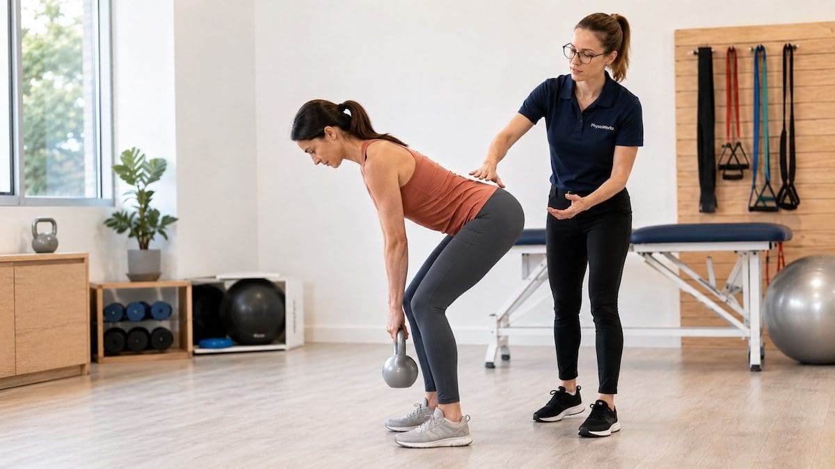 Core stability training hip hinge exercise guided by physiotherapist