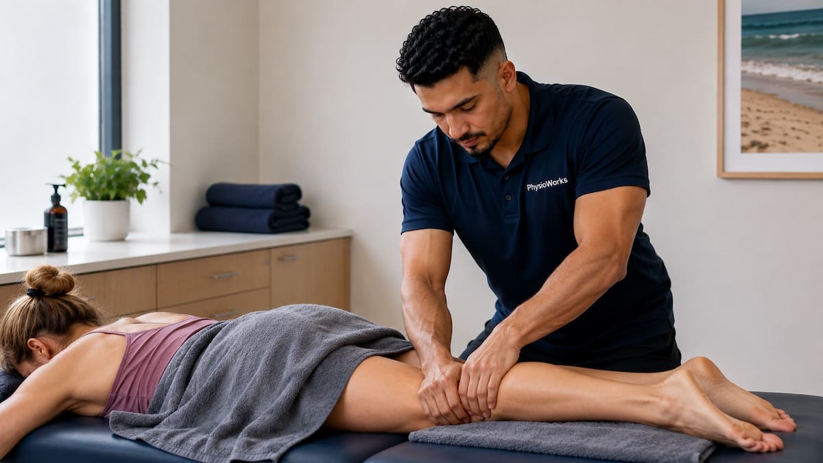 Deep tissue massage treating calf muscle tightness after training